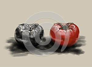 Red and black tomato illustration ongrey background