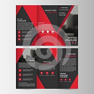 Red black triangle business trifold Leaflet Brochure Flyer report template vector minimal flat design set, abstract three fold