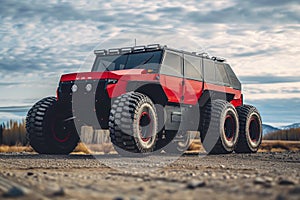 A red and black truck is parked on top of a dirt field, A truck-sized electric vehicle with large heavy-duty tires, AI Generated