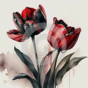 Red and black tulips bouquet with stems and leaves. Fresh flowers on light background