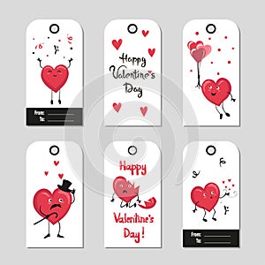 Red and black Valentines day gift tags set with cartoon hearts