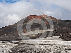 Red and black volcanic Iceland landscape at Fimmvorduhals hiking trail with glacier volcano lava field, snow and magni
