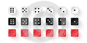 Red, black, white dice cubes for gambling set. Casino craps and playing games vector illustration. Poker cubes of