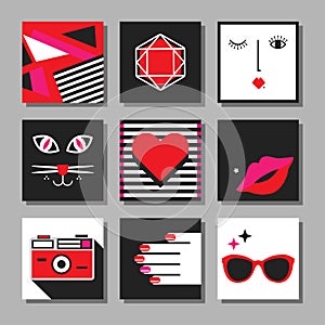 Red, black and white flat pop art minimal square cards set photo