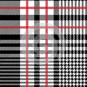 Red, black and white glen check plaid pattern fabric swatch
