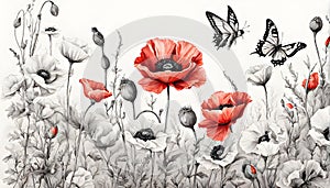 Red and black and white poppies with butterflies on white background