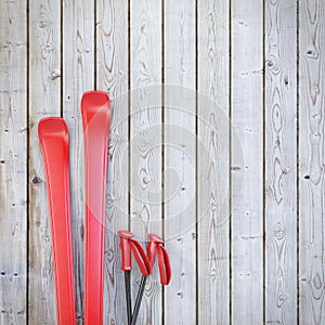 Red blank skis on wooden planks wall, winter background photo