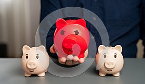 Red bloated piggy bank against the background of normal ones.