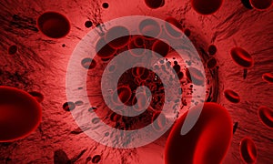 Red blood cells in an artery or  blood vessel , flow inside body, medical human health-care. 3D Rendering
