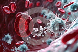 Red Blood Cells in a Blood Vessel, A dramatic scene of white blood cells attacking a bacteria in the bloodstream, AI Generated