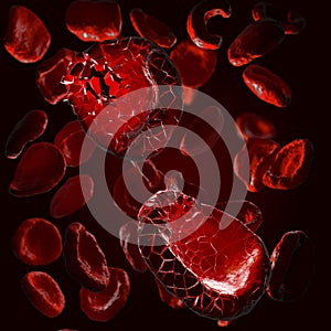 Red blood cells called erythrocytes disintegrating into parts