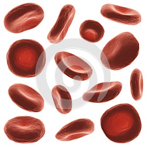 Red blood cells with high detailed surface . Set of different view and shape . White isolated background . 3D rendering