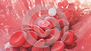 Red blood cells inside an artery, vein. Flow of blood inside a living organism. Scientific and medical concept. Transfer