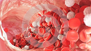 Red blood cells inside an artery, vein. Flow of blood inside a living organism. Scientific and medical concept. Transfer