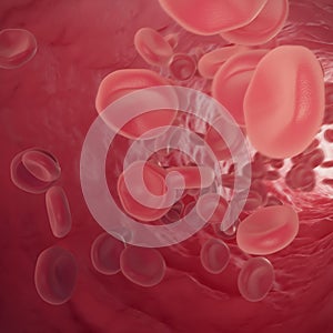 Red blood cells moving in the vein with depth of field. 3d illustration