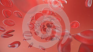 Red blood cells on a red background. Flow of blood in a living organism. Scientific and medical concept. Transfer of