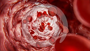 Red blood cells in vein or artery, flow inside inside a living organism. view from endoscope or microscope, prevention and