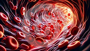 Red blood cells and white blood cells in blood vessels, AI generated image