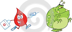 Red Blood Drop Character Chasing With A Syringe Germ Or Virus