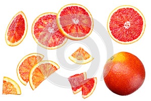 Red blood orange fruit with slices isolated on white background. top view