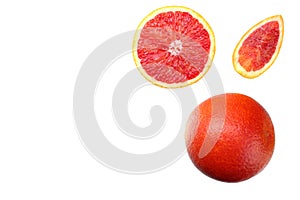 Red blood orange fruit with slices isolated on white background. top view