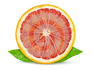 Red blood orange with green leaves isolated on white