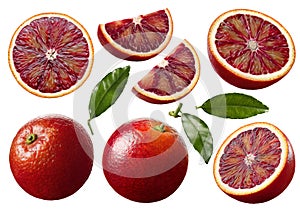 Red blood orange slices and leaves set isolated on white background