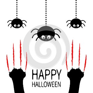 Red bloody claws animal scratch scrape track. Black cat scratching paw leg foot set. Hanging spider. Happy Halloween. Cute cartoon