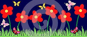 Red blossom banner with daffodils and grass. Holiday decor elements on blue background.