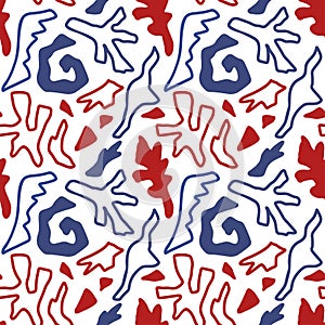 Red Blue Abstract shapes. Hand-drawn Seamless vector pattern. Stylish geometric background