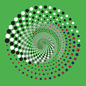 Red and Blue american stars with black and white dots like taliban colors in spiral over green background. Concept confrontation photo