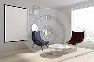 Red blue armchair poster in a mirror living room