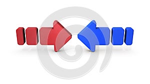 Red and blue arrows that oppose each other. An abstract concept that represents conflict and resistance.