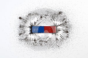 Red and blue bar magnet or physics magnetic with iron powder mag