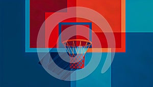 A red and blue basketball hoop with a net is shown in a colorful background