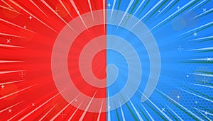 Red and blue bicolor jagged concentration line background, explosion in comics book pop style with expression text space