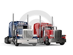 Red and blue big modern semi - trailer trucks