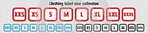 Red blue black cloth labels with size for apparel, brand tags S, L, M, XL symbols, textile badges with seams and fabric texture.