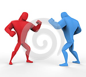 Red and blue boxers in a fighting stance.