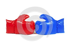 Red and blue boxing leather gloves.
