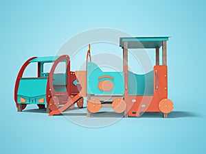 Red blue car and train playground for children with slide 3D render on blue background with shadow