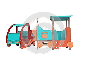Red blue car and train playground for children with slide 3D render on white background no shadow