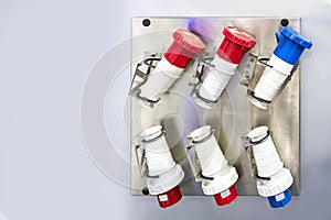Red blue color electric machine power plug and socket connector for electrical high voltage in industrial copy space