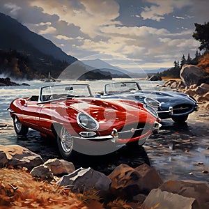 A red and blue convertible cars parked on a rocky shore