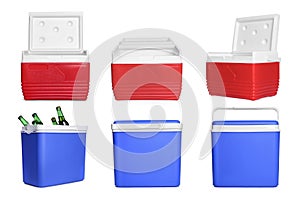 Red and blue cool boxes isolated on white, collage