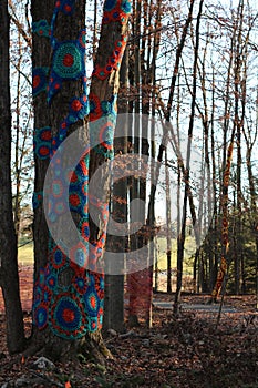 Red and blue crochet trees in woods on a trail path..
