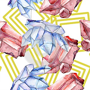 Red and blue crystal mineral. Seamless background for print texture. Watercolor geometric polygon crystal stone.