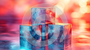 Red-blue cubes, neon background, product display, reflective surface