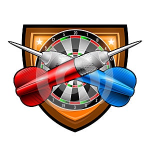 Red and blue darts crossed with round target in center of shield. Sport logo for any darts game or championship isolated on white