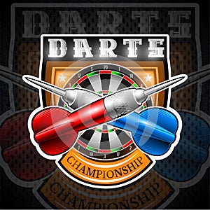 Red and blue darts crossed with round target in center of shield. Sport logo for any darts game or championship